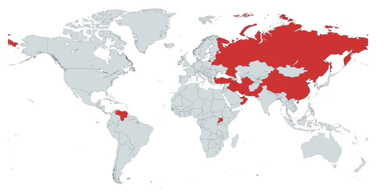 Map of countries with restrictions on Tor and VPNs